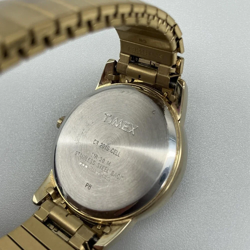 Timex Indiglo WR 30M Mens Watch 35mm Gold Tone Date Stretch New Battery